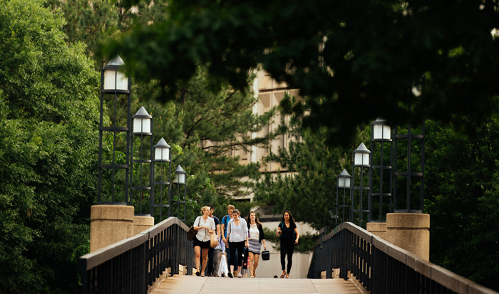 people walking on campus bridge